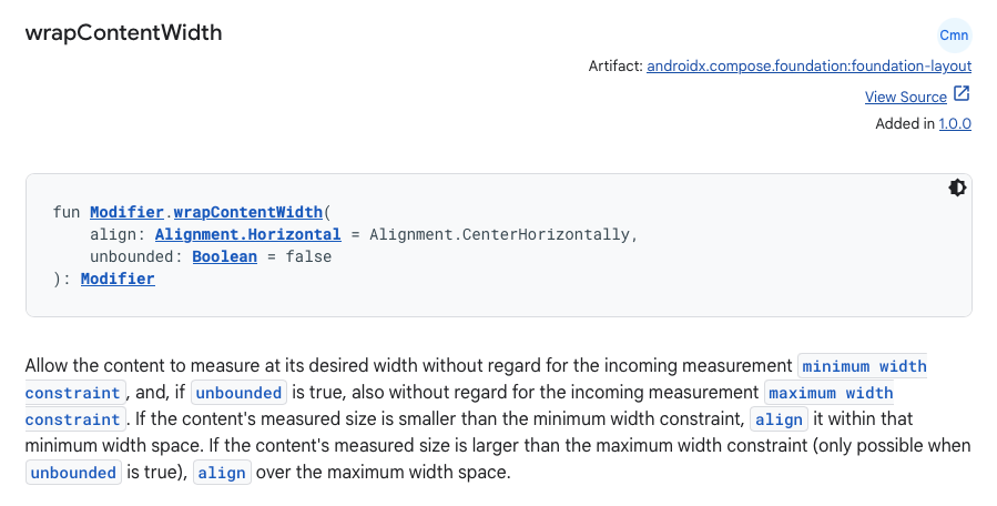 Screenshot of the API doc for wrapContentWidth, linked from this image.